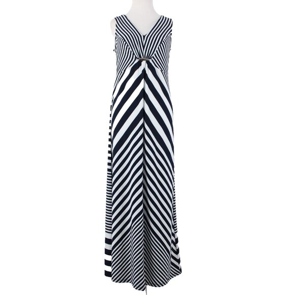 NY Collection $70 Sz S Navy Blue White Striped Silver Accent Polyester Dress - Picture 1 of 15